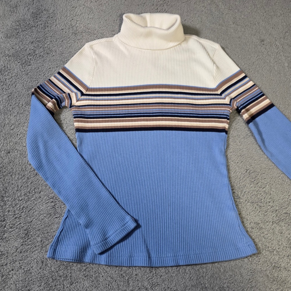 Carolyn Taylor Womens Large Turtleneck Blue White Striped Ribbed Knit Top